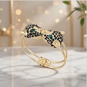 Gold Tone Leopard Panther Head Enamel Cuff Bracelet Fashion Jewelry Green Eye